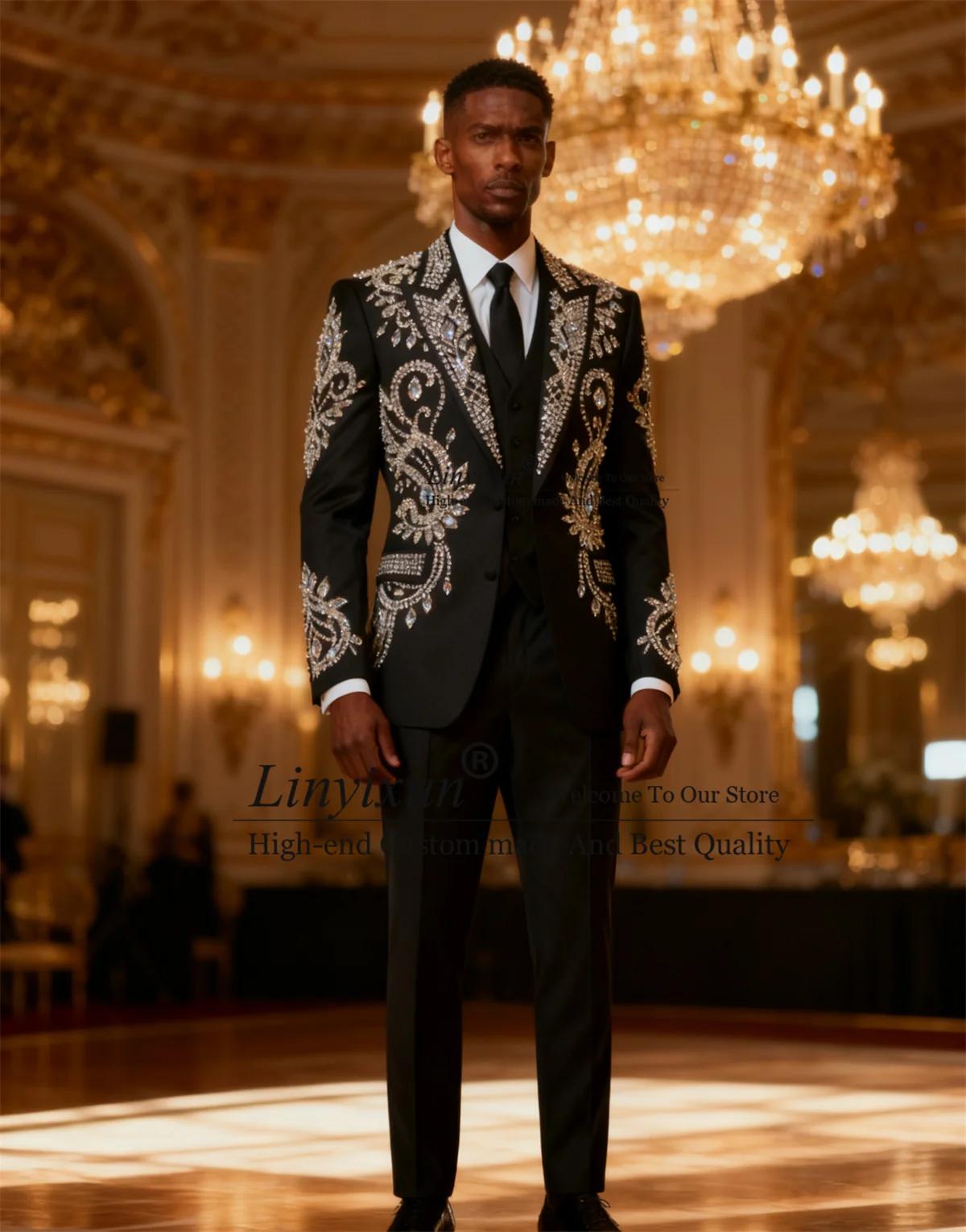 Costume de marié personnalisé avec cristaux scintillants et perles, ensemble 3 pièces, blazer de soi