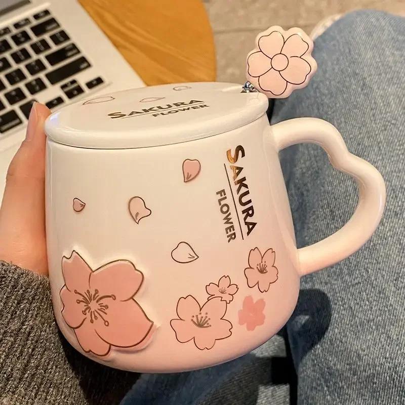 Tasse en céramique avec couvercle et cuillère, belle tasse à café, lait, poudre de Sakura, ménage, a
