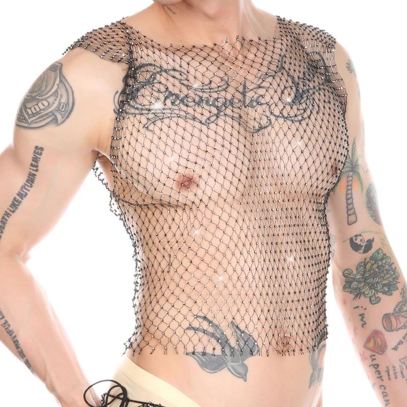 Débardeur de Fitness Transparent pour hommes, gilet en résille Sexy avec strass, hauts musculaires t