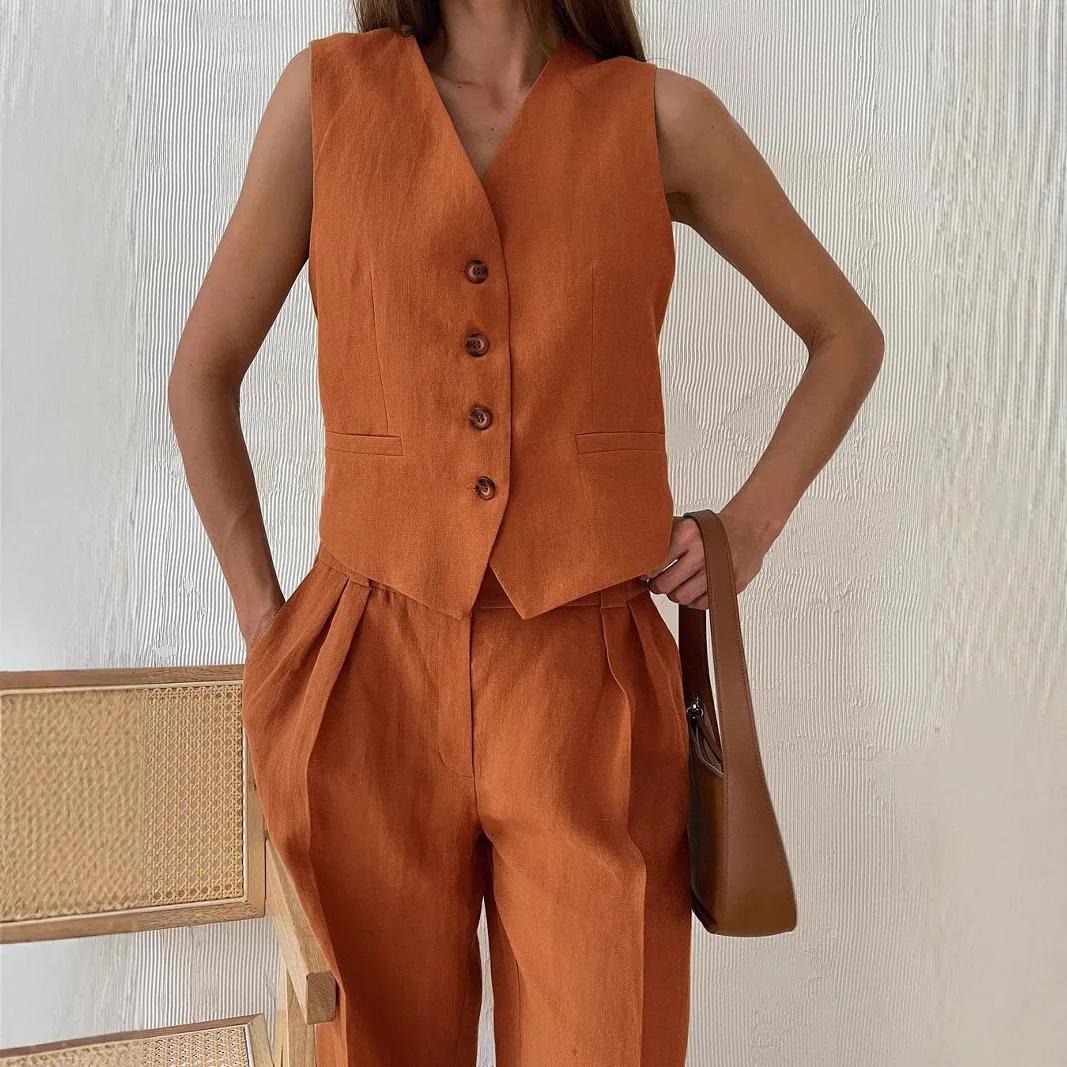 2025 nouvelles femmes lin coton Chic gilet et pantalon costume deux pièces ensemble bureau dames été