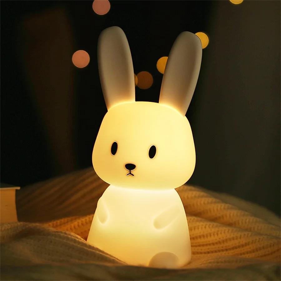 LED veilleuse mignon lapin Animal dessin animé Silicone lampe réglable USB Rechargeable pour enfants