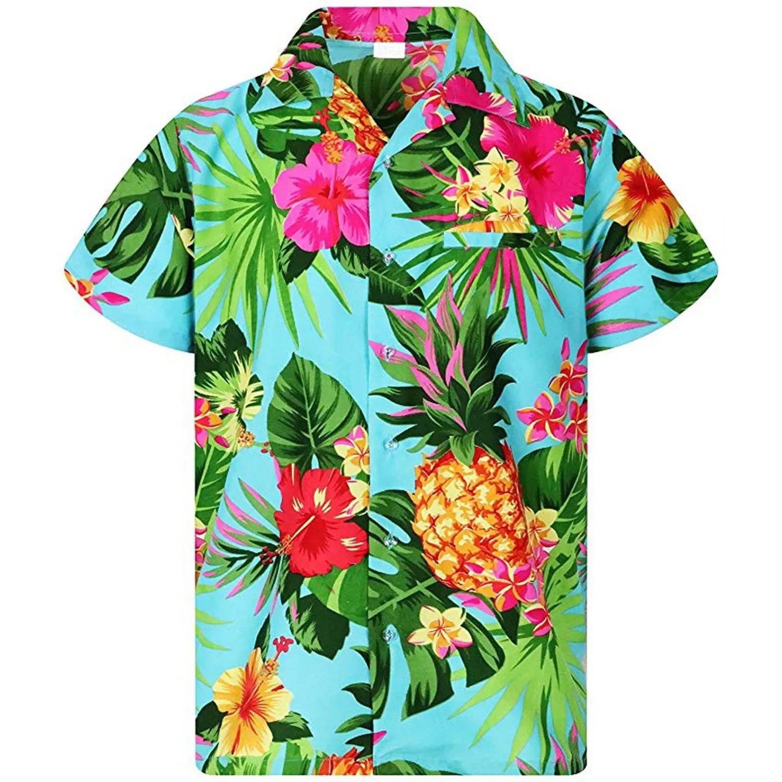 Funky femmes chemise hawaïenne poche frontale feuilles fleurs ananas imprimé femmes hauts et chemisi