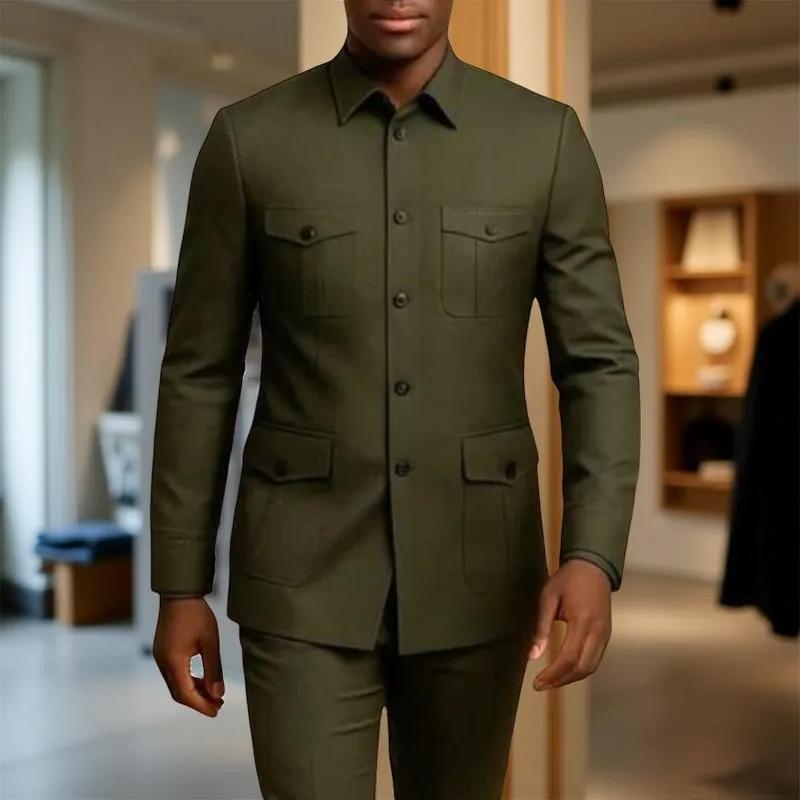 Costumes décontractés pour hommes Safari avec poches, col montant, style de mode chinois, coupe ajus