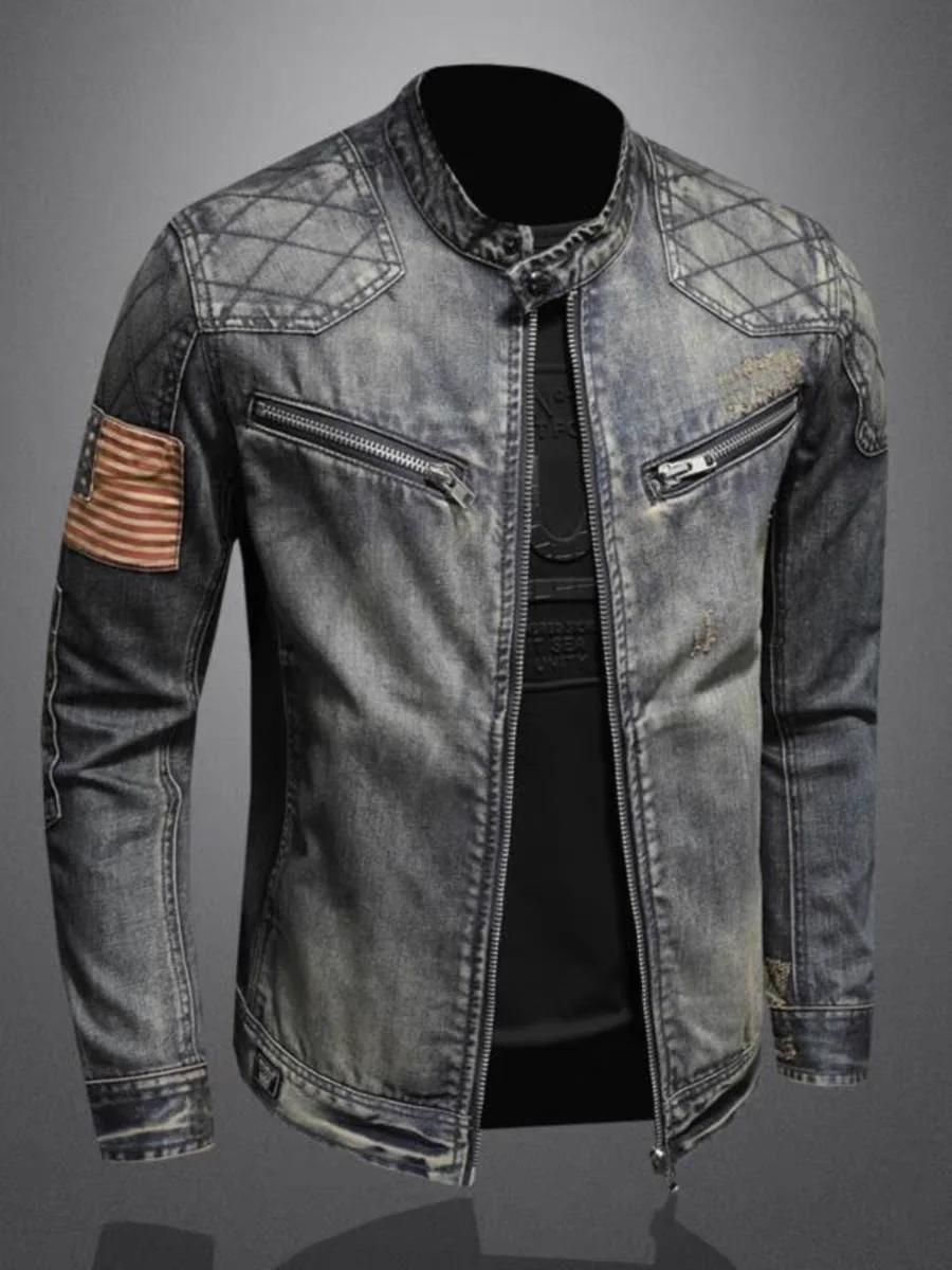Veste en jean à glissière pour hommes, vêtements de motard à la mode, mode rétro décontractée, équit