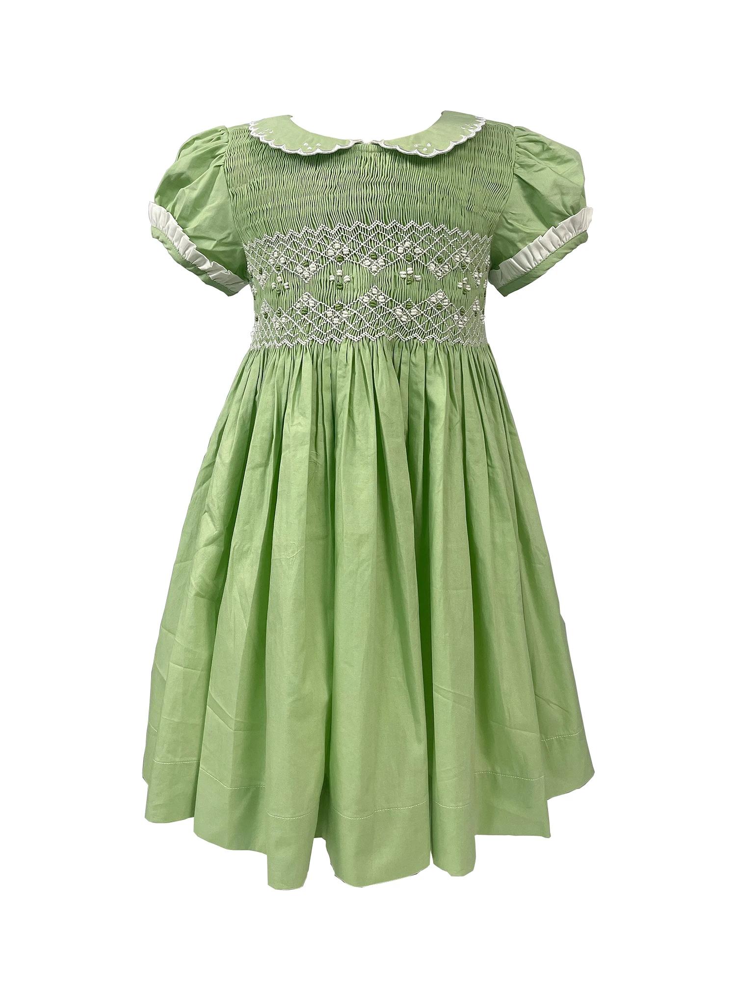 Robe à smocks faite à la main avec broderie, vêtements d'été en coton vert, vêtements de performance