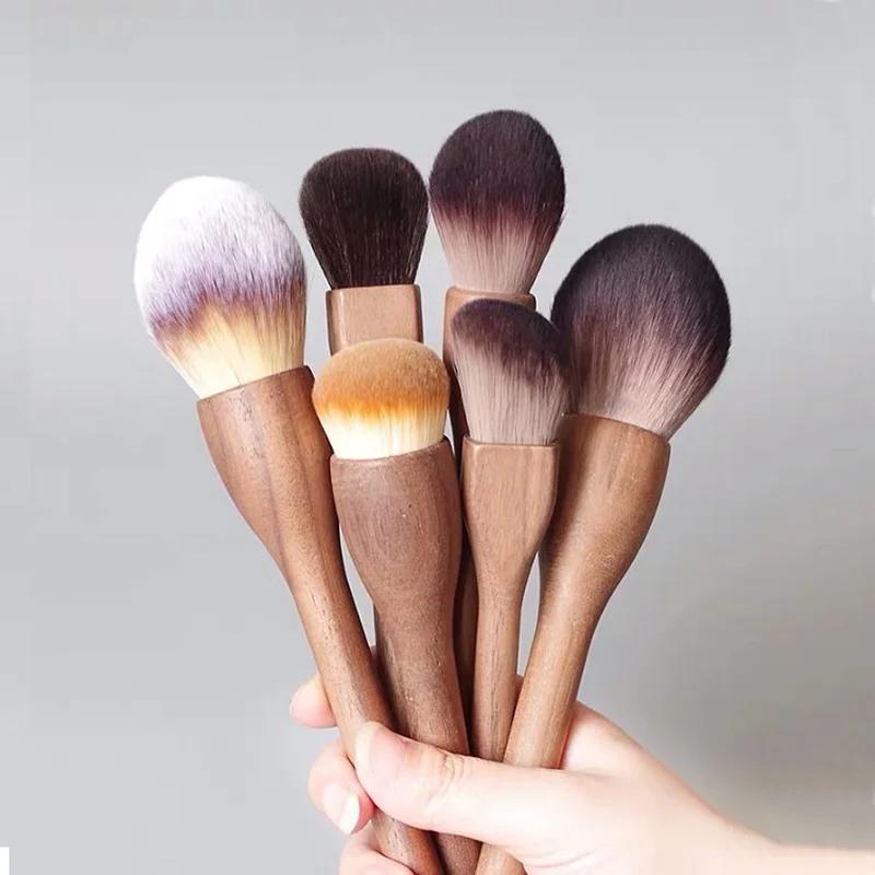 Pinceau de maquillage Vintage avec manche en bois, 6 pièces, haute qualité, noyer, poudre libre, fon