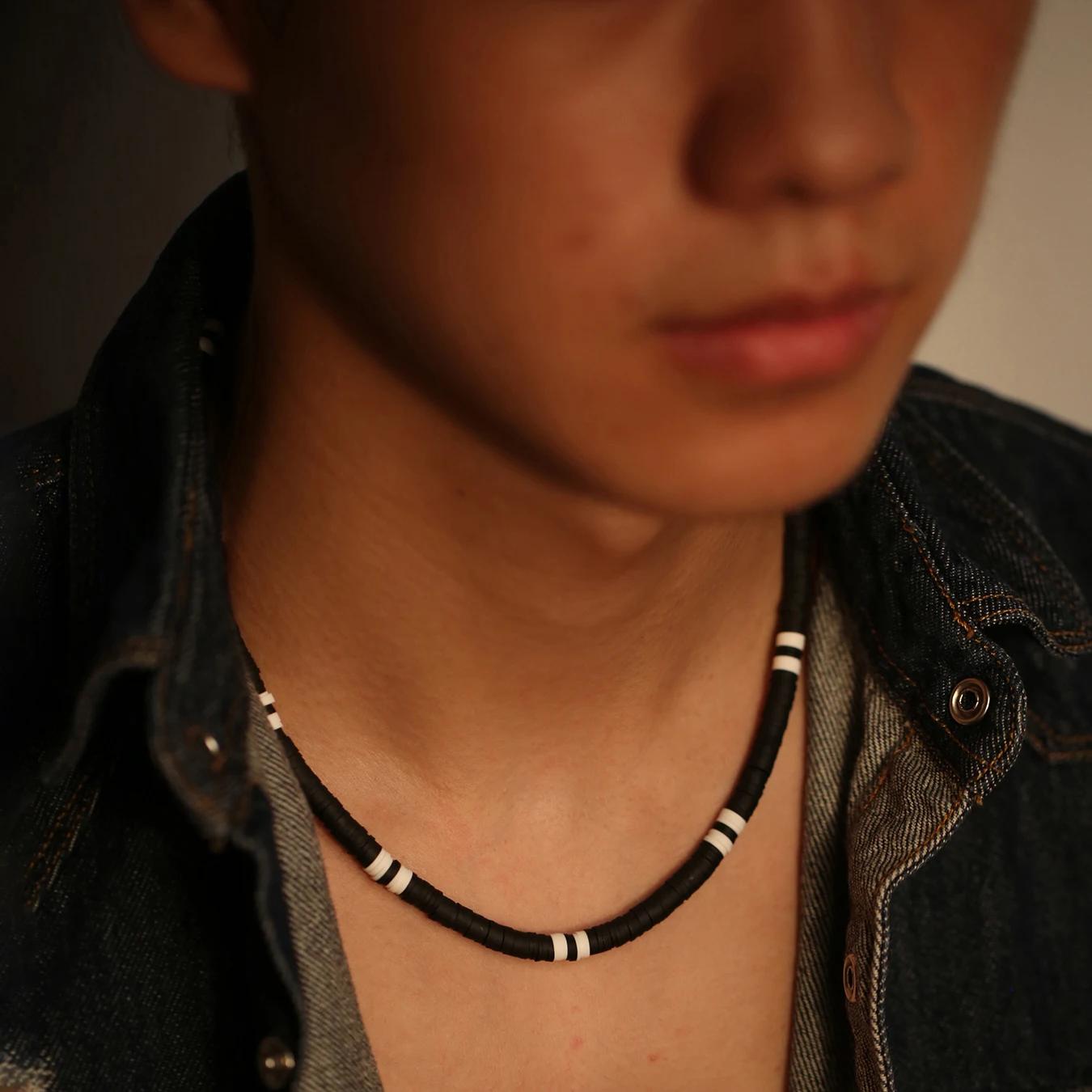 Collier Hombre bohême blanc noir doux polymère perles Collier hommes Collier Homme Homme Collier pou