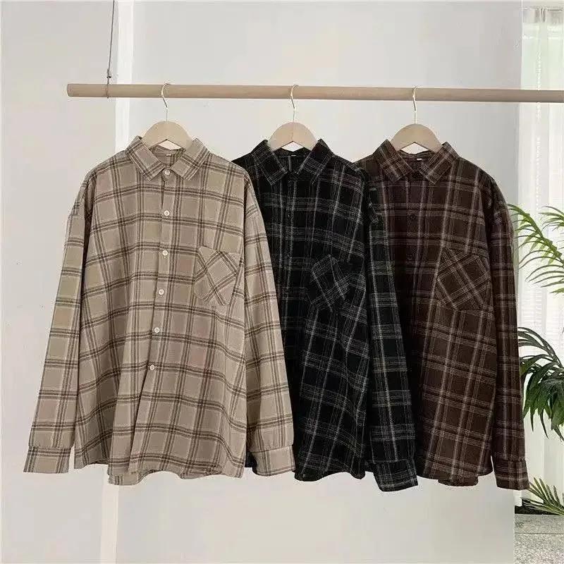 Vintage chemises à carreaux femmes automne à manches longues surdimensionné boutonné chemise mode co