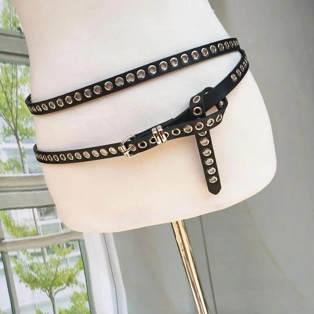 Rivet oeillet bricolage porter ceinture de taille en cuir PU Double cercle chaîne de taille nouée Ex