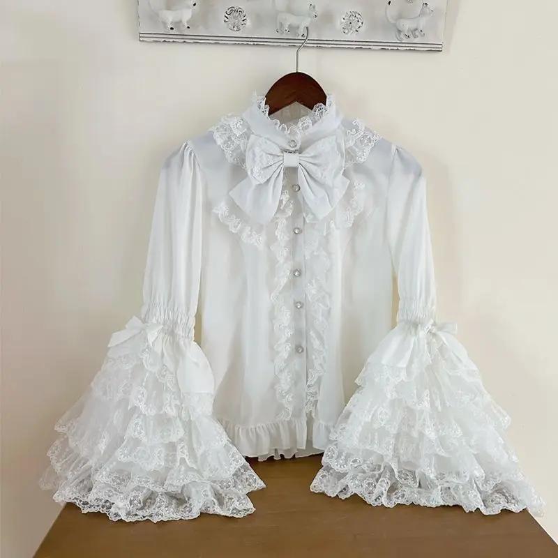 Chemise Lolita gothique et douce – Chemisier à volants à manches longues pour robes JSK, haut en den