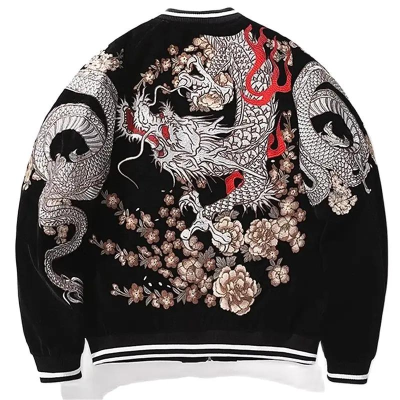 Garçon hommes Sukajan Souvenir vestes enroulé Dragon pivoine brodé manteaux amples Hip Hop Streetwea