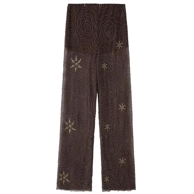 HXAO pantalons pour femmes printemps été 2025 perles marron pantalon paillettes translucides taille 