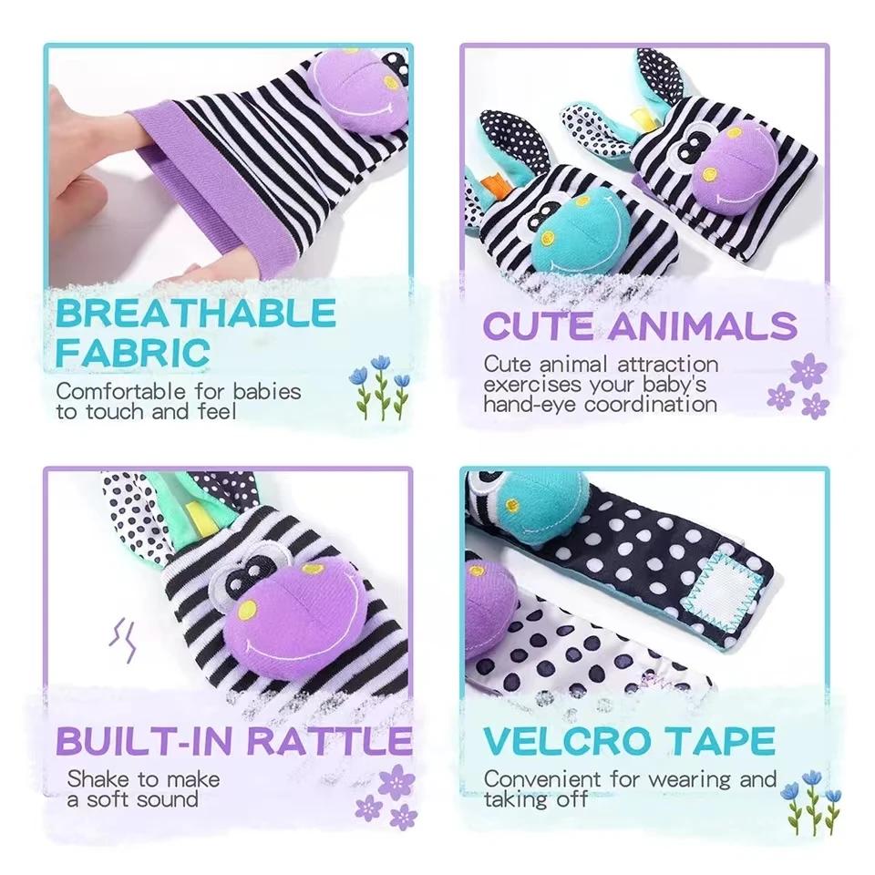 Hochet pour bébé de 0 à 24 mois, 4 pièces, animaux en peluche mignons, hochet de poignet, chaussette