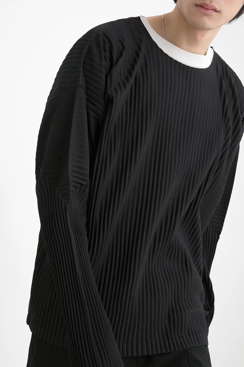 T-shirt plissé à manches longues pour hommes, haut décontracté, col rond, ata yake, adt