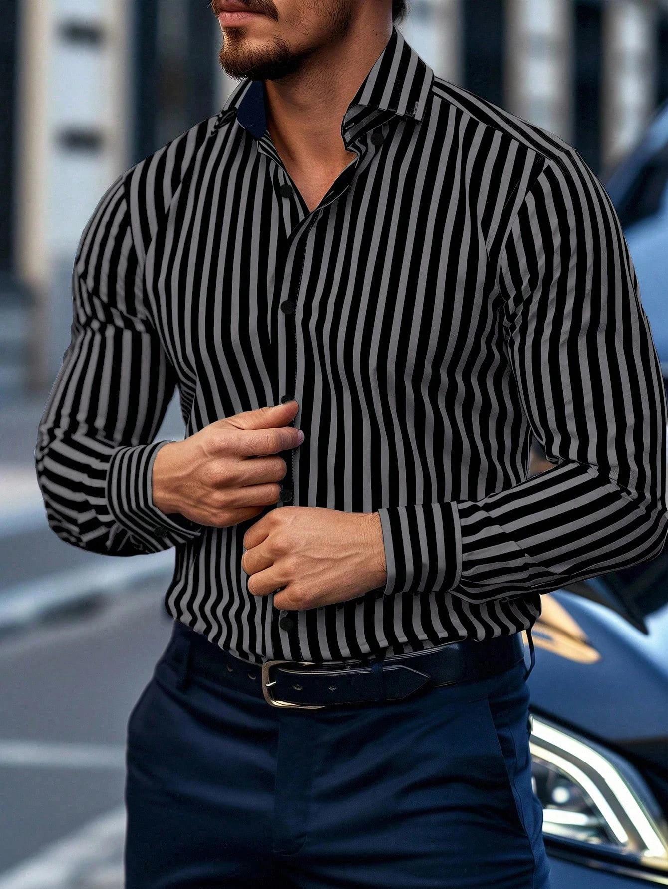 ​ ​ Chemise habillée rayée pour hommes, simple boutonnage, manches longues, tenue de bureau décontra