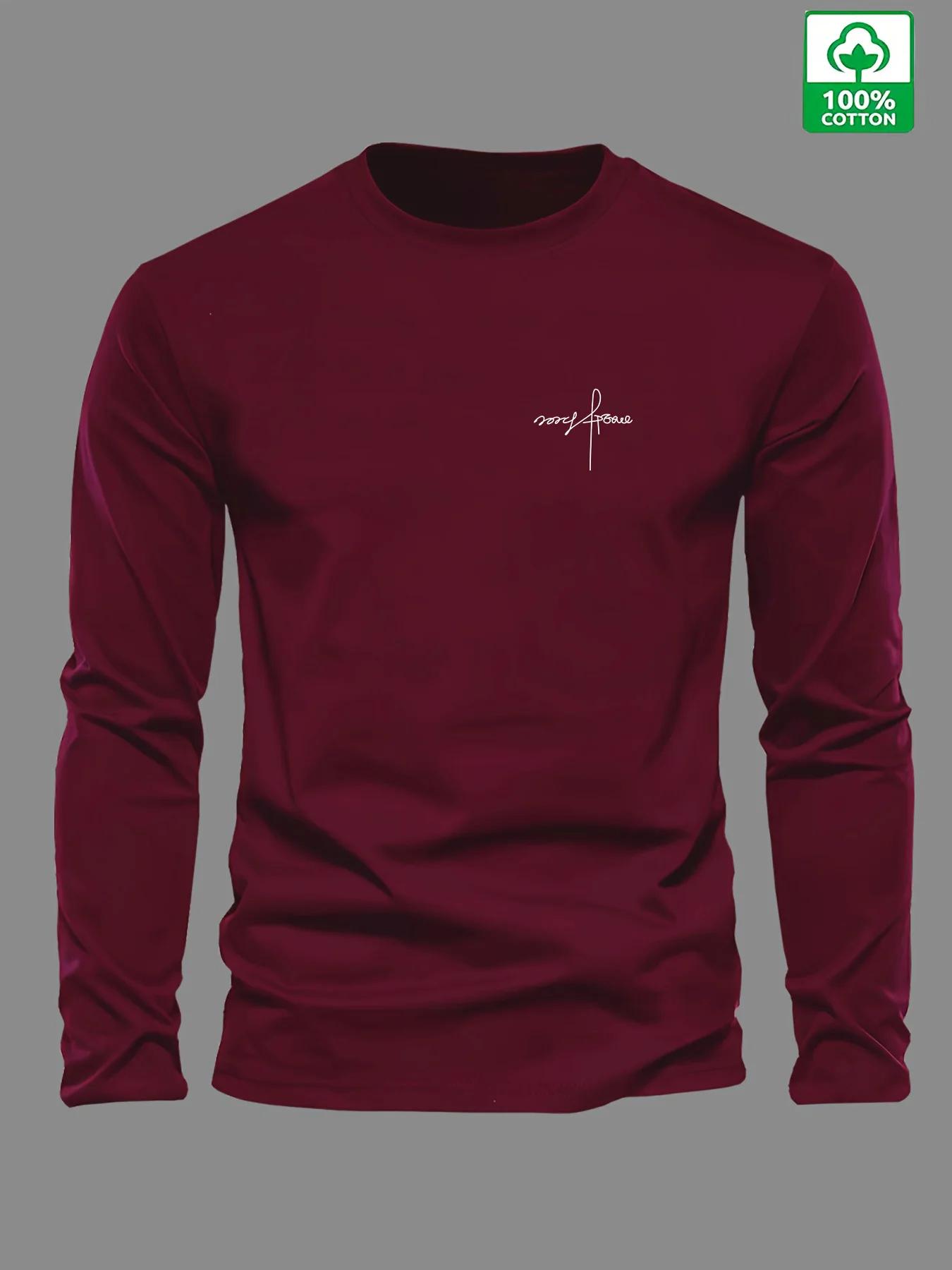 T-shirt à manches longues et col rond pour hommes, 100% pur coton, ample et confortable, sport et lo