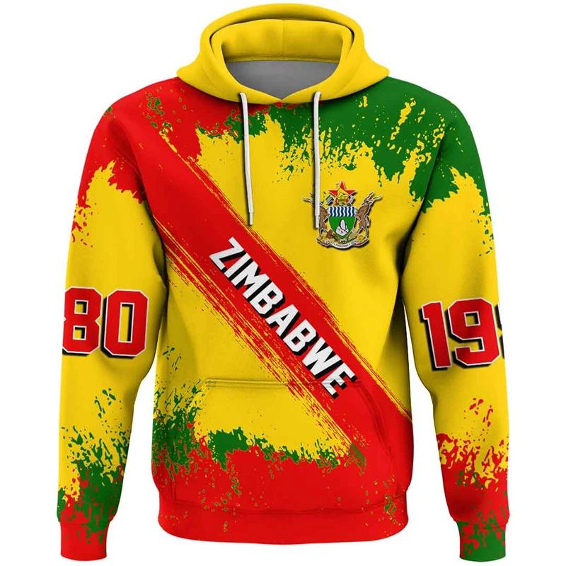 Zimbabwe Feel Map Graphic PVD National Emblem Hoodie for Men, Africa Boy Clothes, Casual Male Survêt