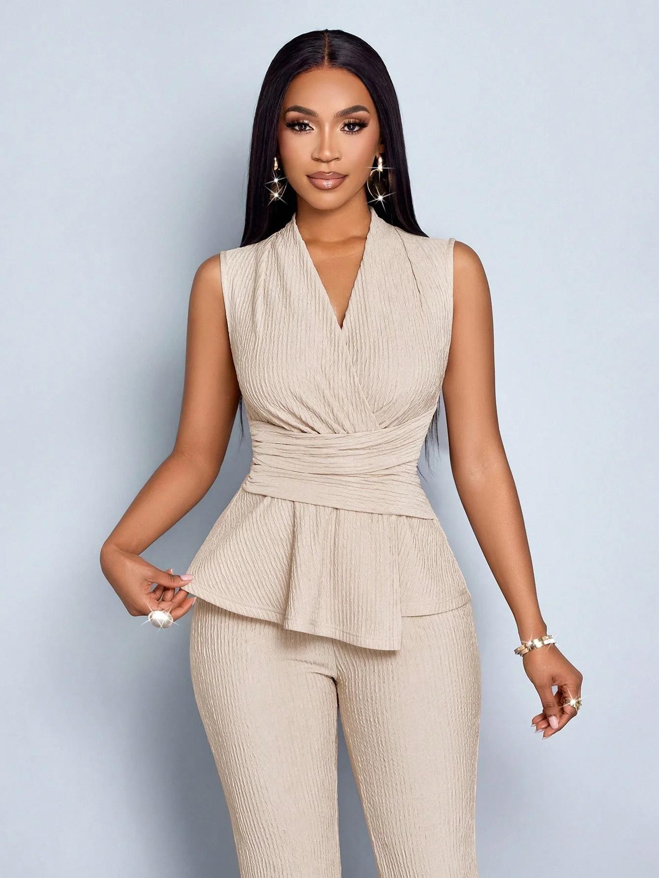 Ensemble deux pièces pour femmes, veste élégante à col en V et pantalon large, couleur abricot