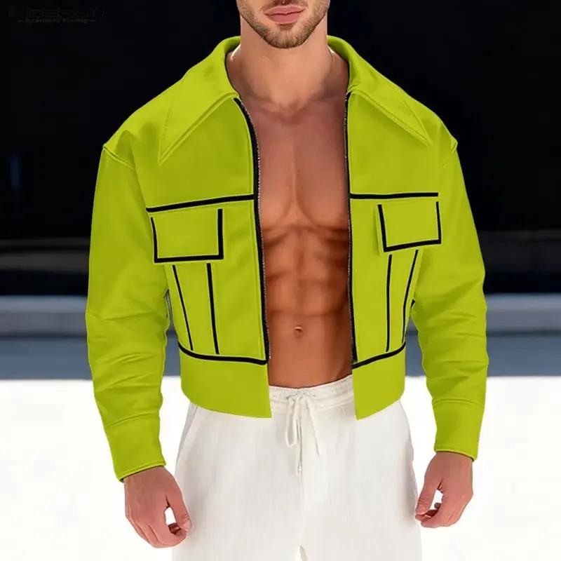 Vestes Homme INCERUN – Blousons Courts à Revers et Manches Longues avec Fermeture Éclair, Style Patc