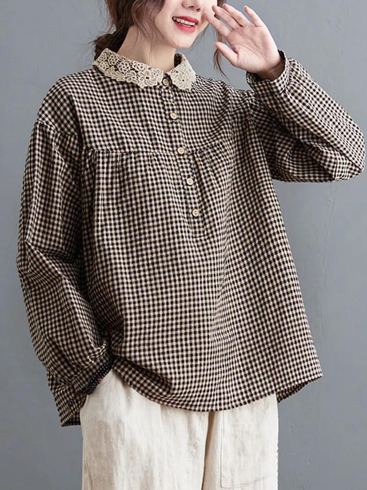 Chemises décontractées à manches longues pour femmes, style simple, col en dentelle, vintage, plaid,