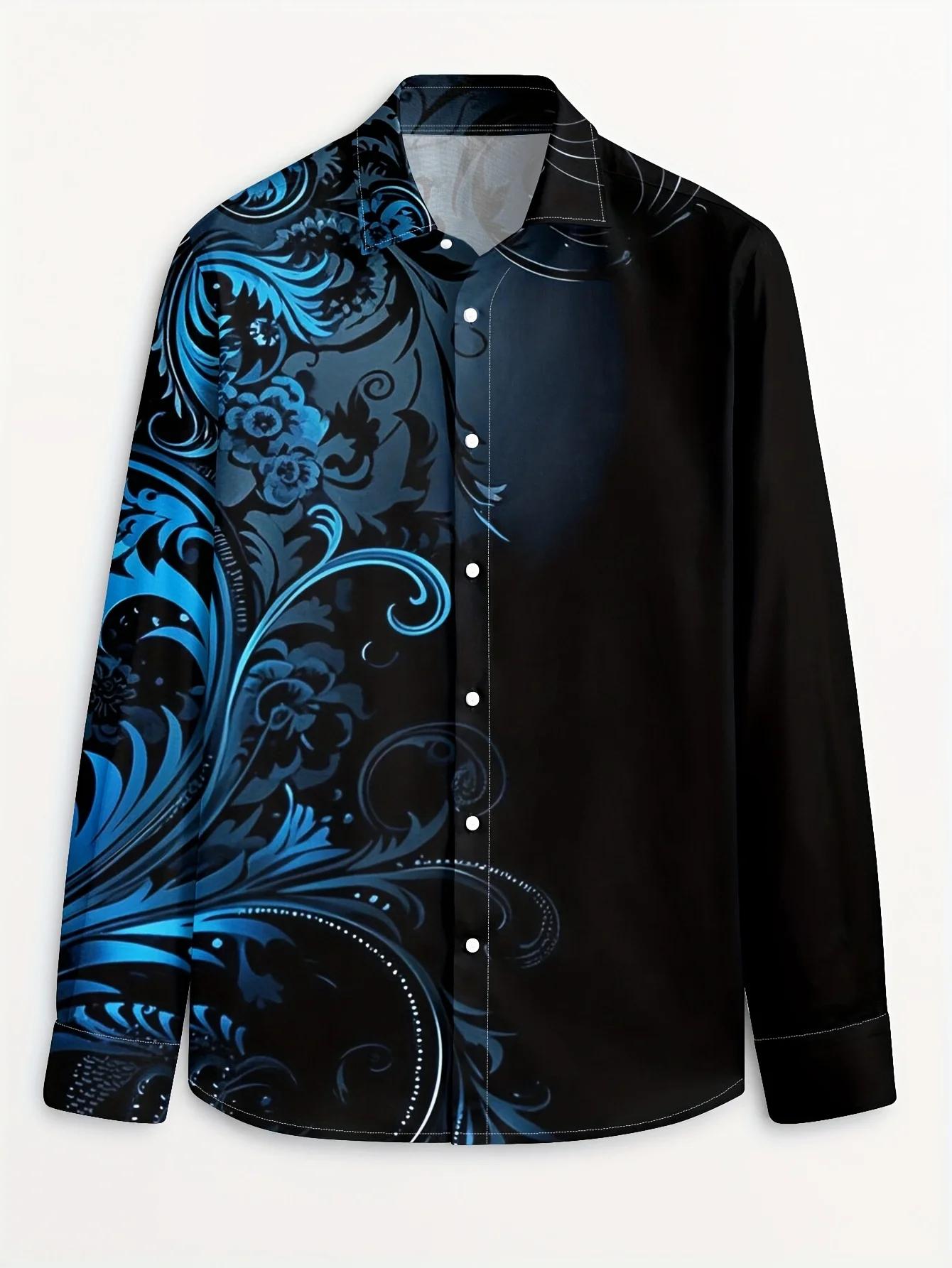 2025 Chemise à manches longues à imprimé floral dégradé pour hommes Décontracté Slim Fit Streetwear 