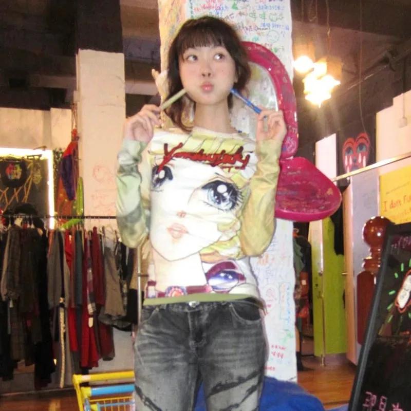 Karrram japonais Y2k Anime imprimé T-shirt 2000s esthétique à manches longues T-shirt Vintage Haraju