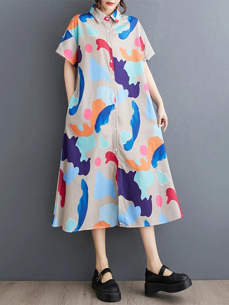 Robe chemise Vintage imprimée Patchwork pour femmes, manches courtes, ample, décontractée, mi-longue