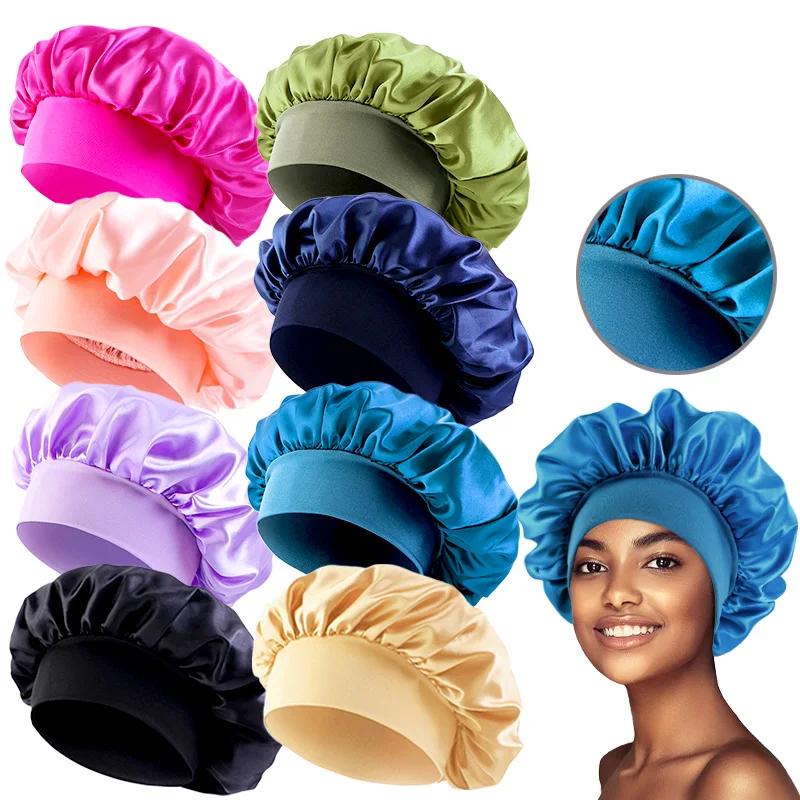 Bonnet de Nuit en Satin à Bords Larges pour Femme, Unisexe, Bande artificiel astique, Soins Capillai