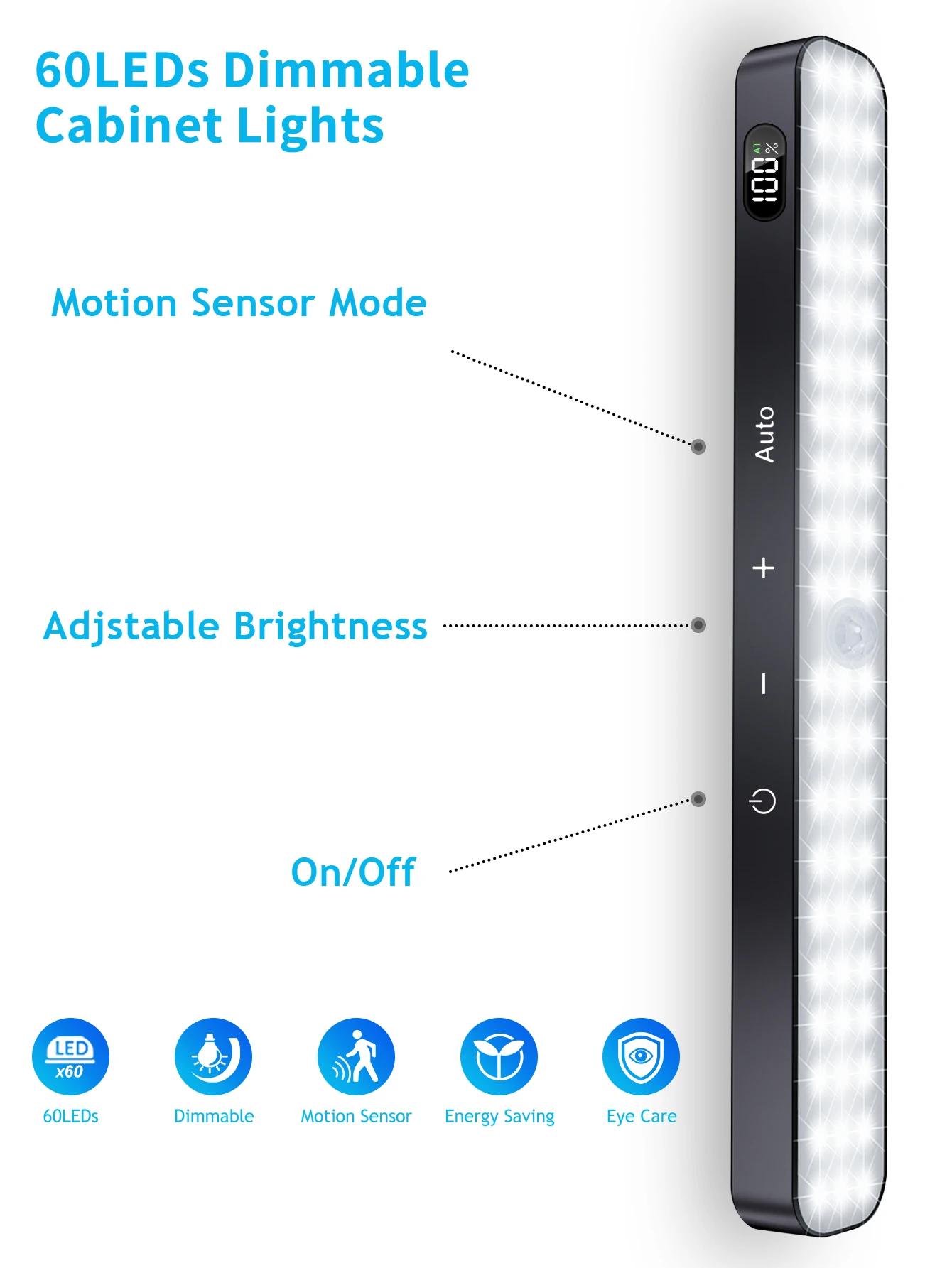 Lumières d'armoire WILLED, affichage de batterie Rechargeable, 60 LED, capteur de mouvement, lumière