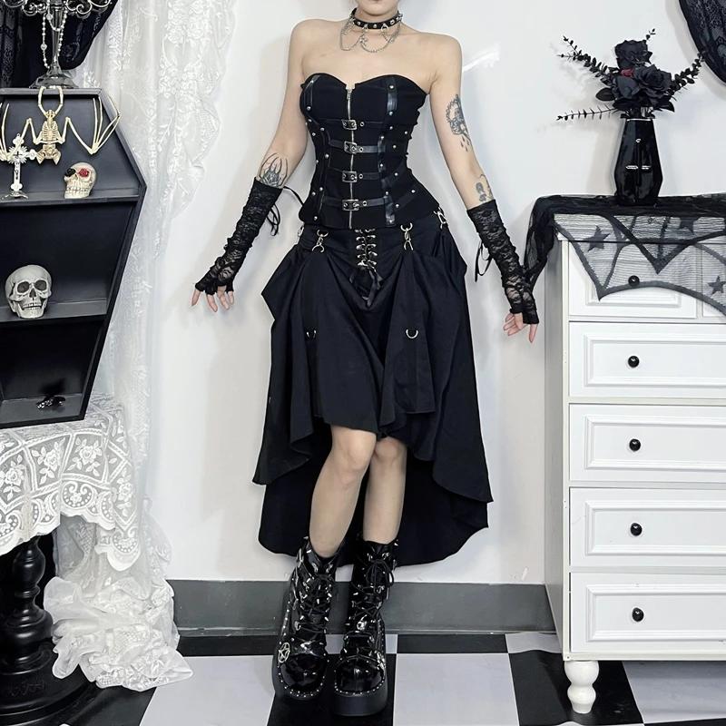 Goth Streetwear jupe gothique femmes Harajuku Emo Alternative Grunge taille haute pansement a-ligne 