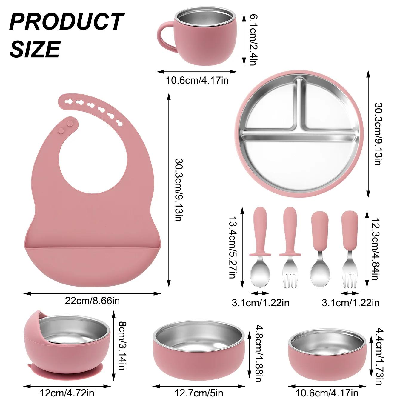 Ensemble d'alimentation pour enfants, 10 pièces, vaisselle en acier inoxydable et Silicone avec bol 