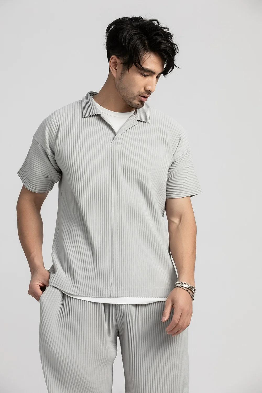 Miyake plissé hommes Polo à manches courtes revers t-shirt respirant ample décontracté plaine haut M