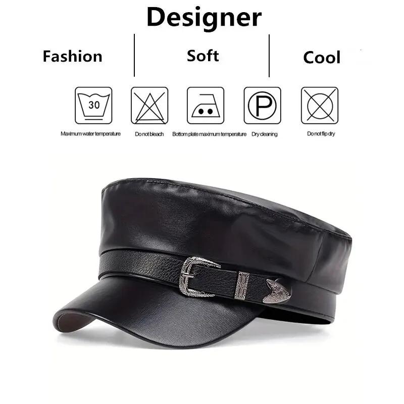 Chapeau en cuir avec grande ceinture pour femmes et hommes, chapeaux de marin, casquettes béret noir