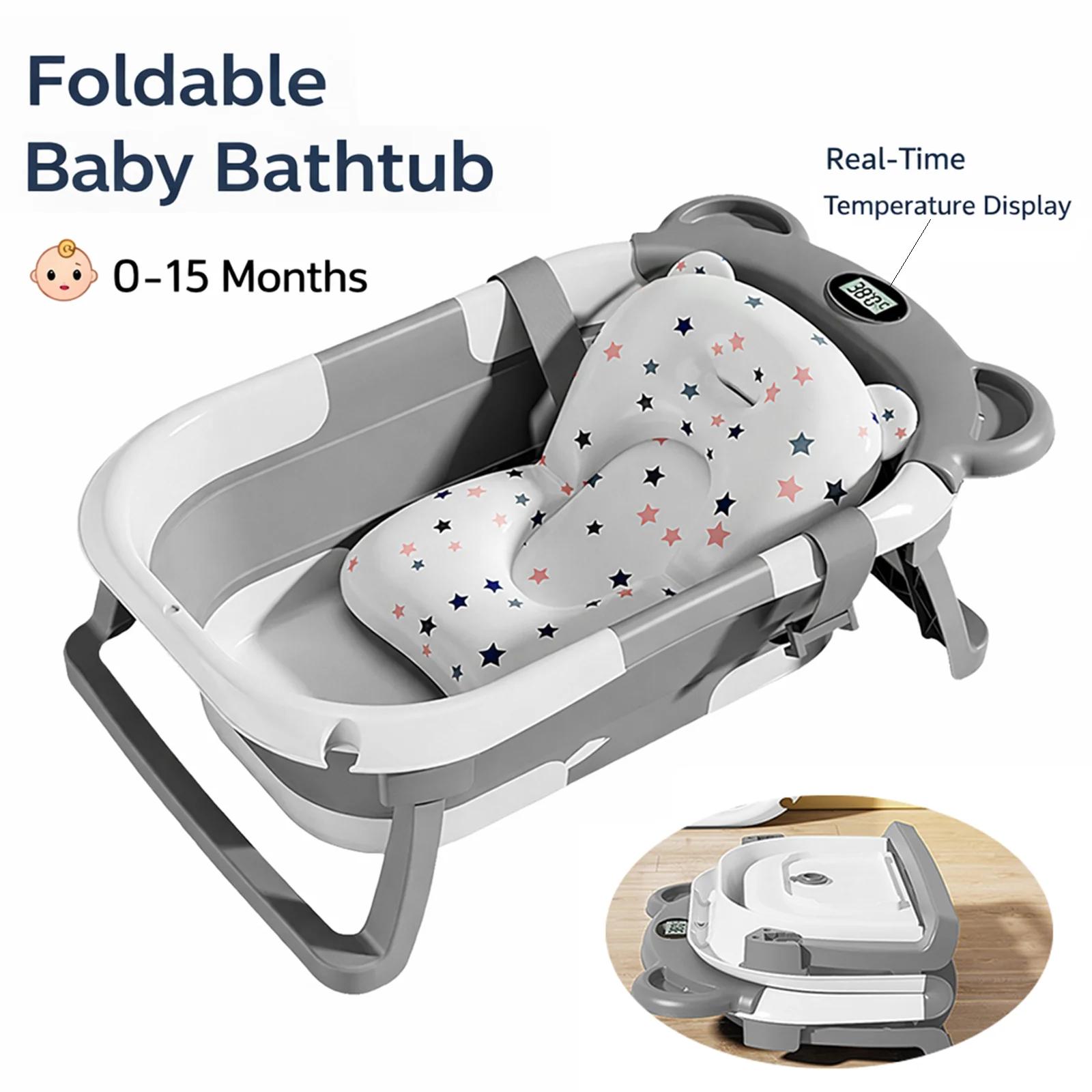Baignoire pliable pour bébé avec thermomètre, tapis de bain antidérapant, coussin de soutien, baigno