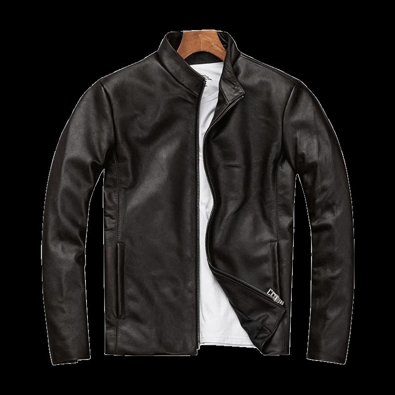 Veste en cuir véritable pour homme, coupe slim, col montant, première couche de cuir de vachette, vê