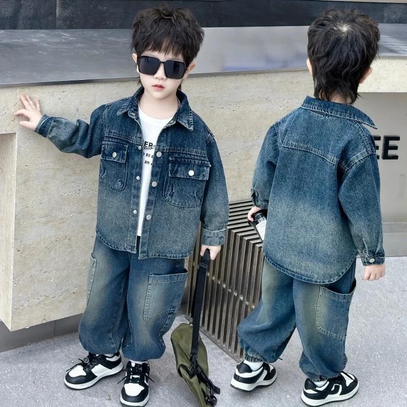 Ensemble en jean pour garçons, 2 pièces, vêtements pour enfants, veste en coton tendance, pantalon, 