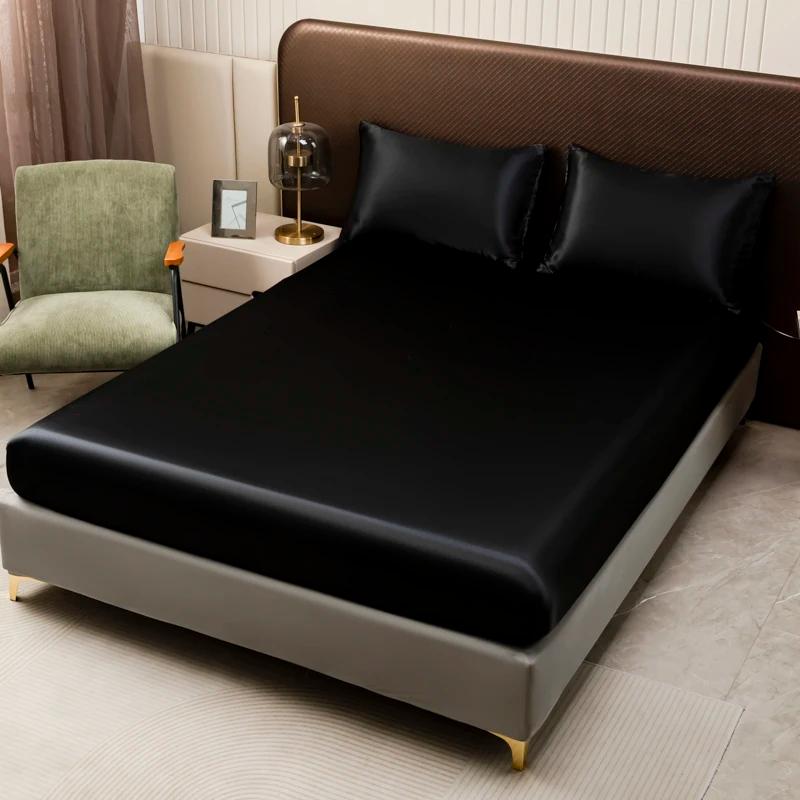 Drap-Juste en Satin Noir de Couleur Unie, Juste de Matelas avec Bande artificiel astique, Taies d'Or