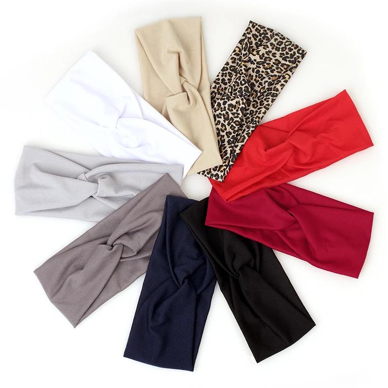 Femmes croix couleur unie bandes de cheveux filles mode imprimé léopard élastique tricoté bandeaux V