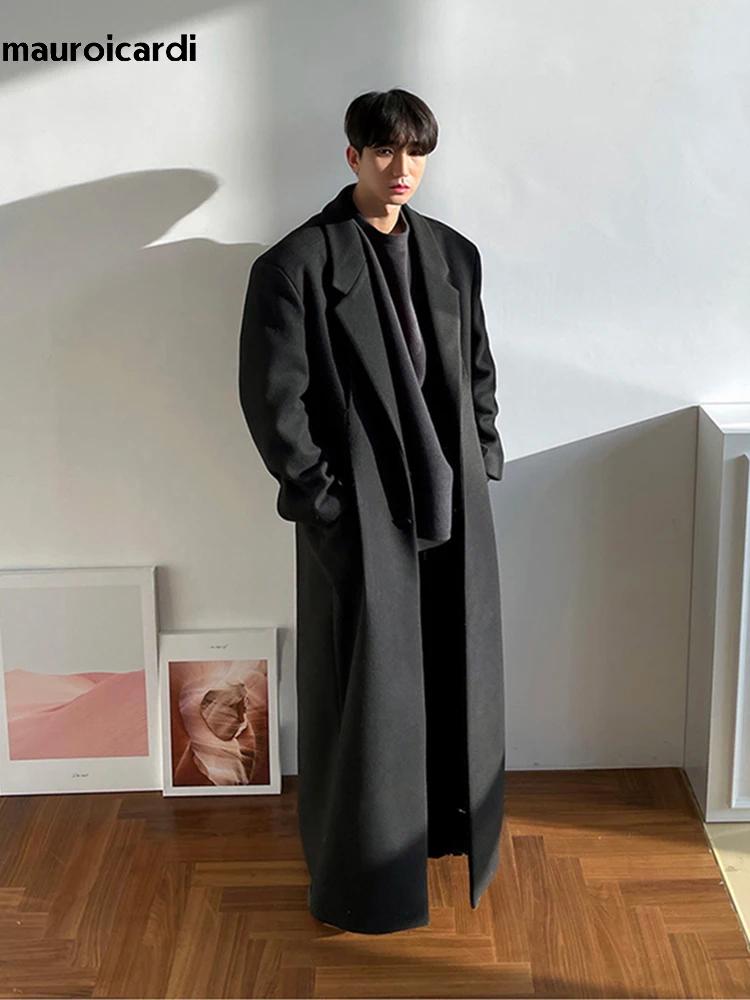 Mauroicardi automne hiver Extra Long chaud noir ample décontracté laine mélanges manteau hommes de l