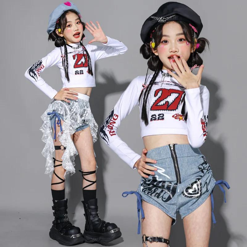 Vêtements de danse Kpop pour filles, tenue de spectacle de jazz sur scène, haut court blanc, short e