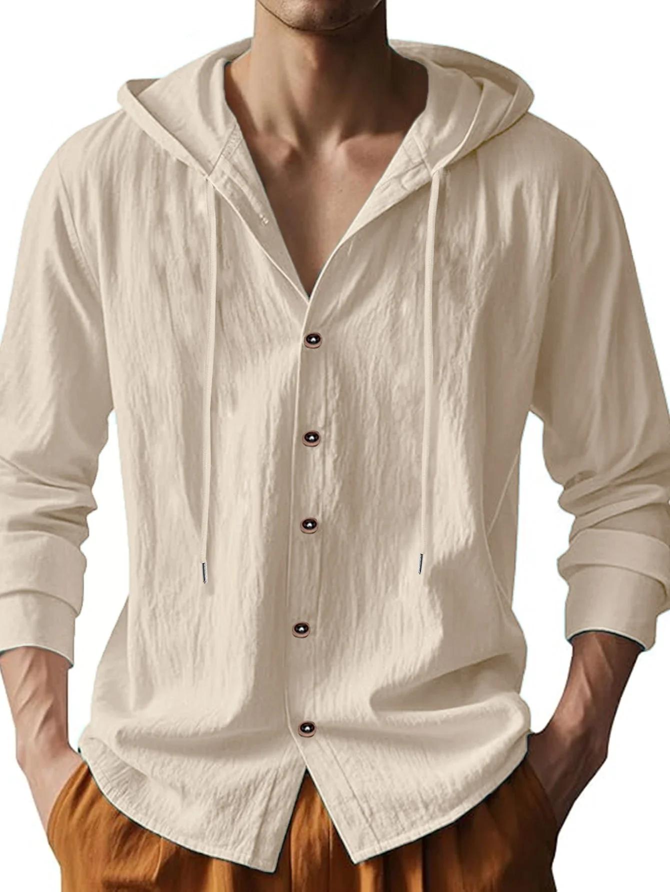 Été offre spéciale plage Style chemises hommes à manches longues avec capuche coton lin couleur unie