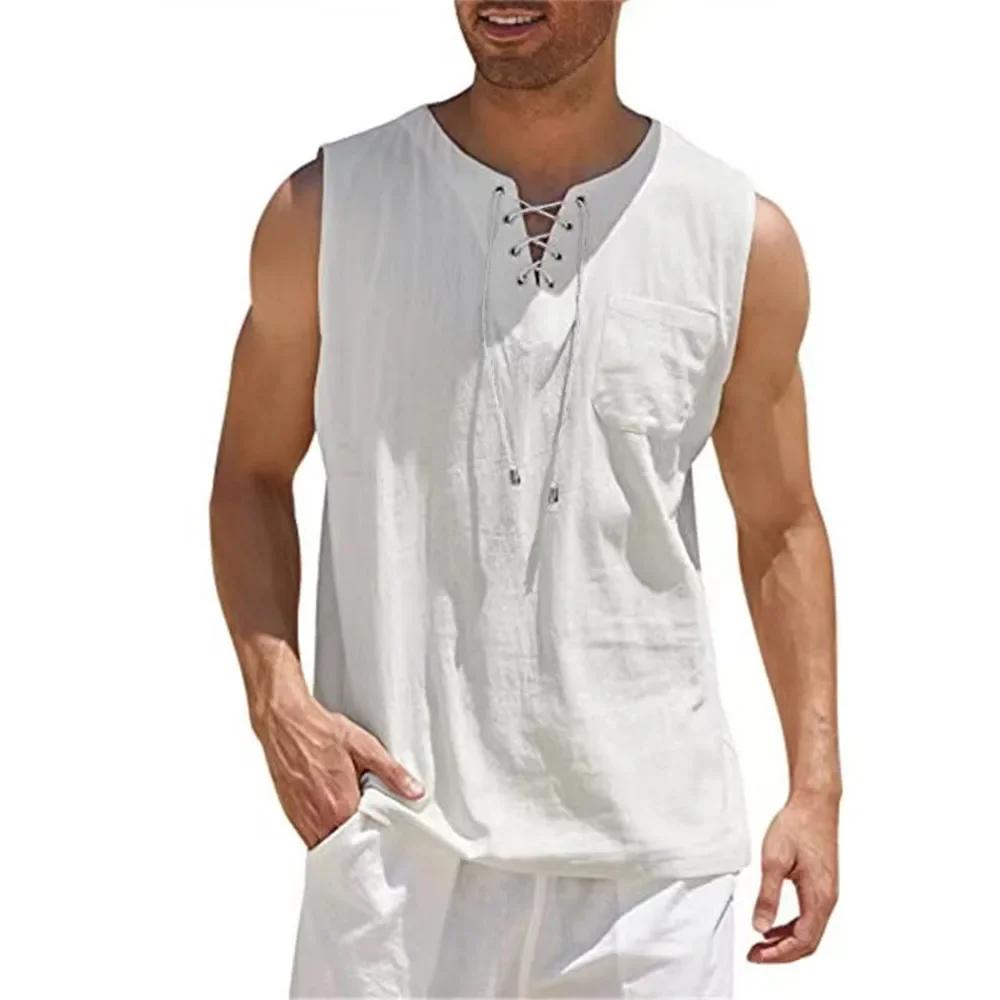 Chemises en coton et lin pour hommes, chemises à lacets rétro, chemise à col en V, précieux, chemise