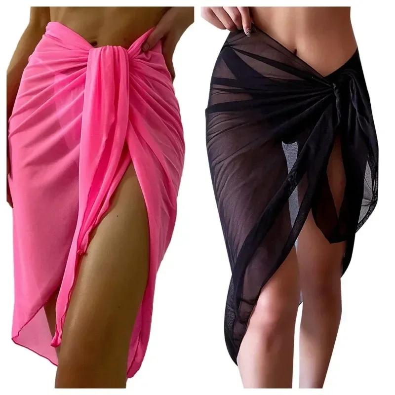 Robe de plage d'été enveloppante pure enveloppement noeud taille maillot de bain couvrir jupe Bikini
