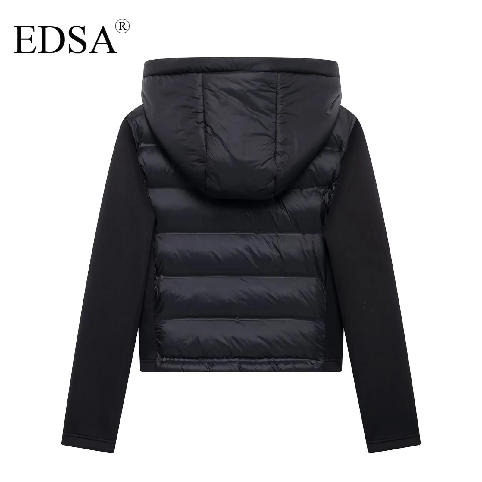 EDSA Veste rembourrée noire pour femme, capuche réglable avec bouchons, col haut, manches longues, p