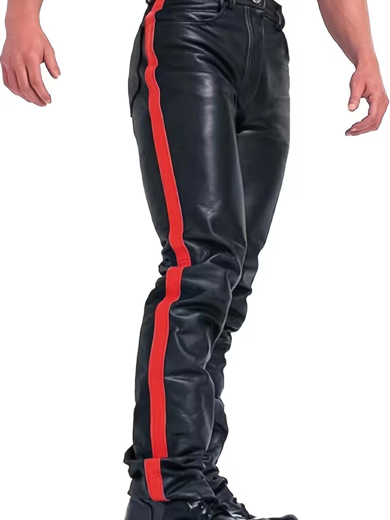 Pantalon de moto pour homme - Longueur intégrale - Cuir PU extensible avec patchwork bicolore - Coup
