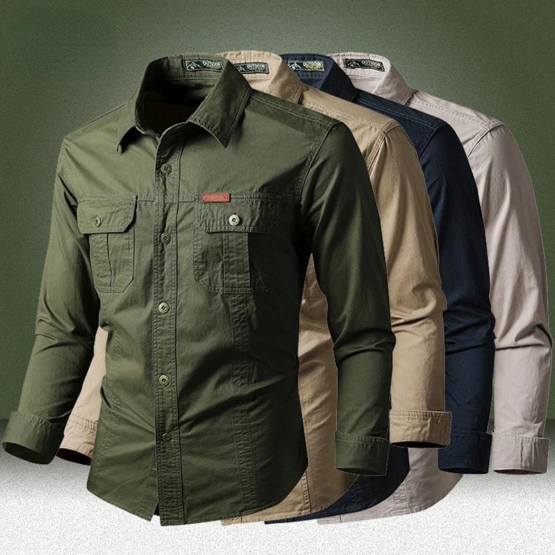Chemises Cargo Militaires Homme Printemps Automne Coton Décontractées Coupe Slim Hauts Manches Longu