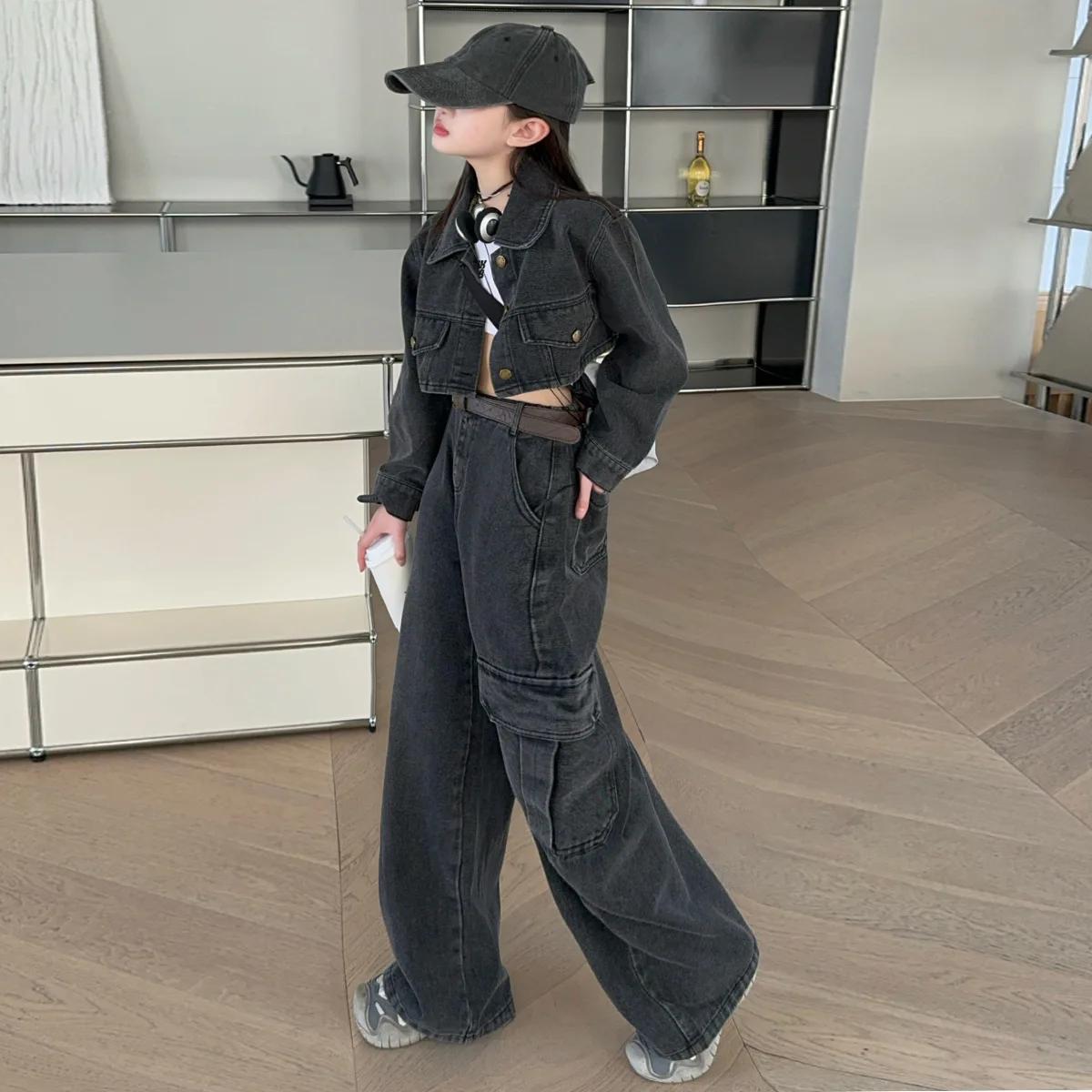 Veste courte à manches longues et jeans à jambes larges pour enfants, olympiques en denim pour fille