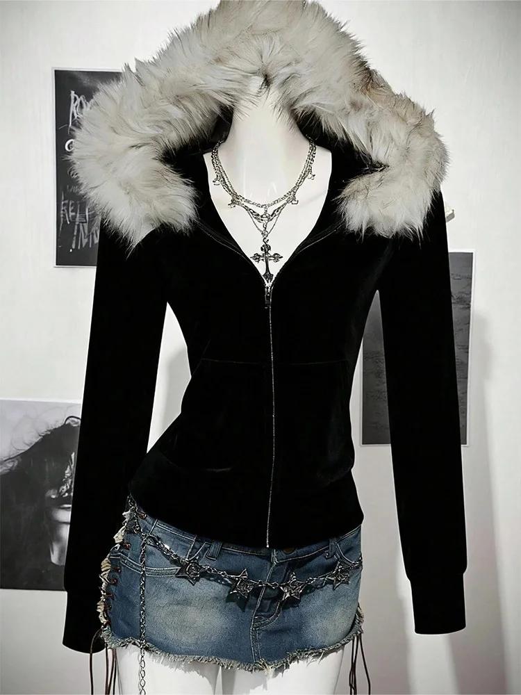Y2K – sweat à capuche gothique Harajuku pour femmes, Sexy, Slim, Chic, col en fourrure en daim, lett