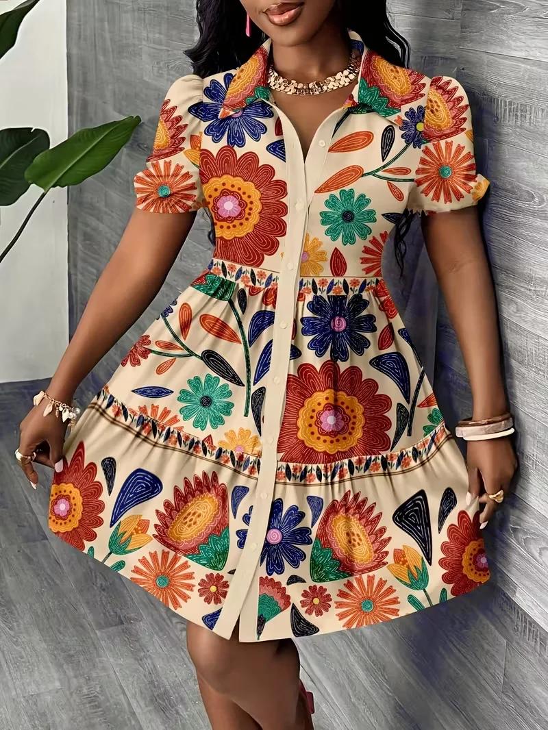 Robe chemise d'été pour femme 2026 à imprimé floral, manches bouffantes, ourlet à volants, coupe tra