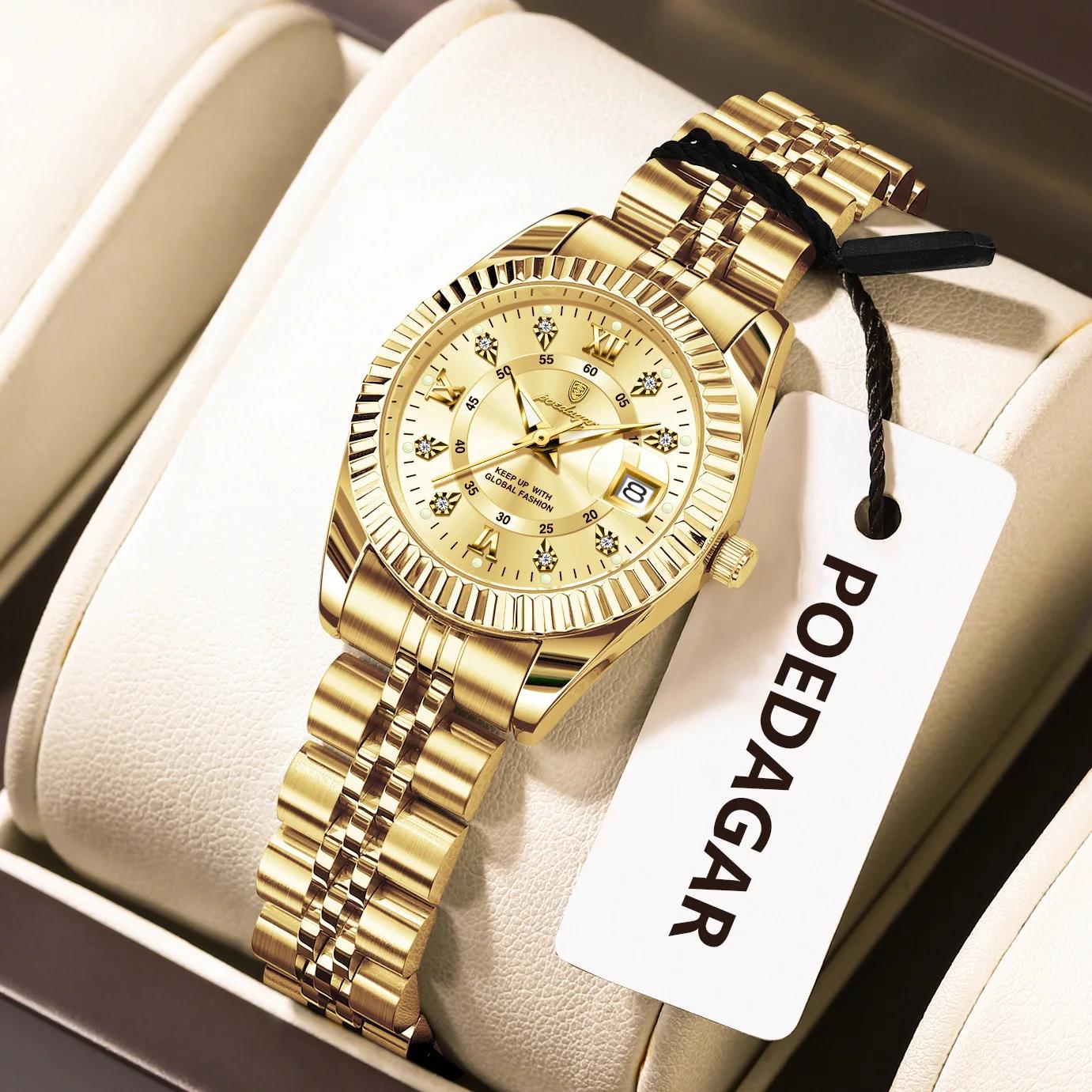 POEDAGAR mode montre pour femme étanche lumineux Date élégante dames montres en acier inoxydable mon
